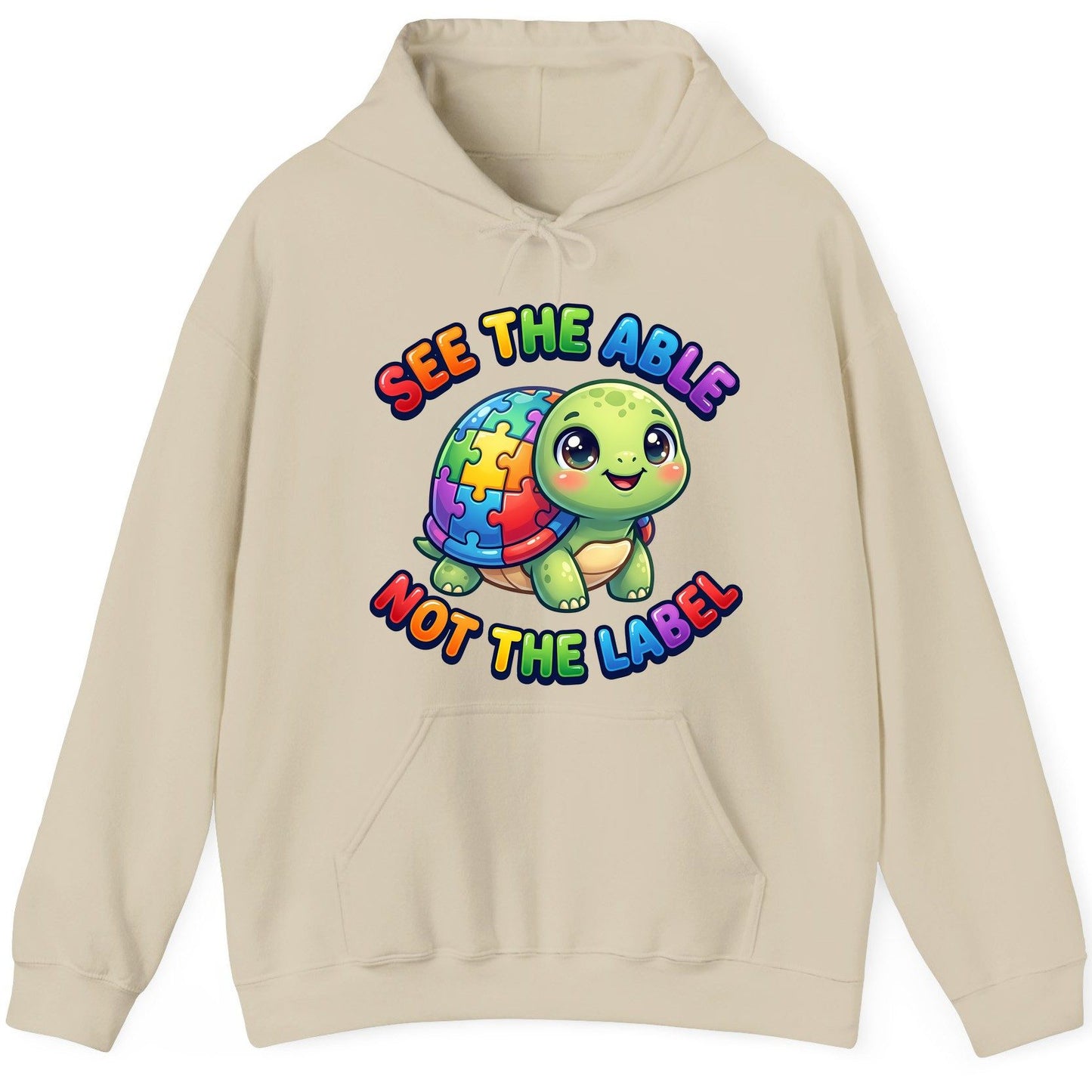 SEE THE ABLE NOT THE LABEL Autism Awareness Hoodie - product mockup - Sand
