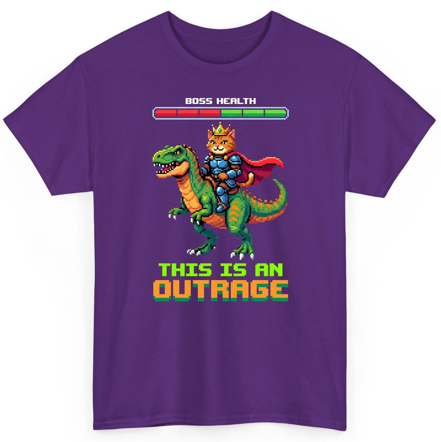 THIS IS AN OUTRAGE Cat riding a dinosaur T-Shirt Purple product mockup