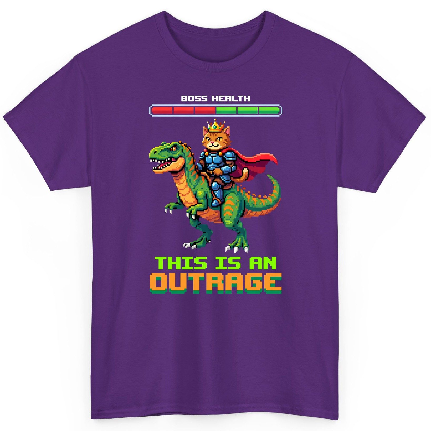 THIS IS AN OUTRAGE Cat riding a dinosaur T-Shirt Purple product mockup