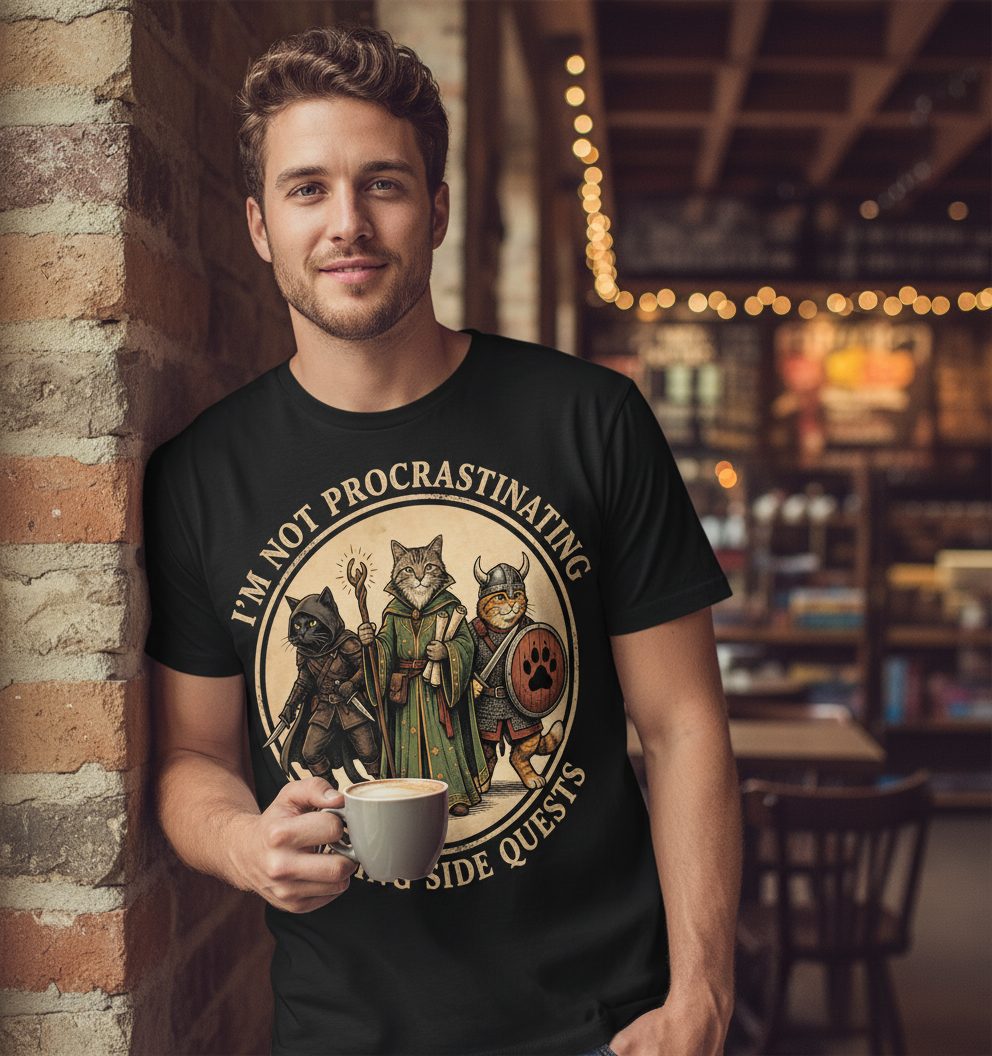 I'm Not Procrastinating I'm Doing Side Quests rpg cats T-Shirt Black lifestyle mockup