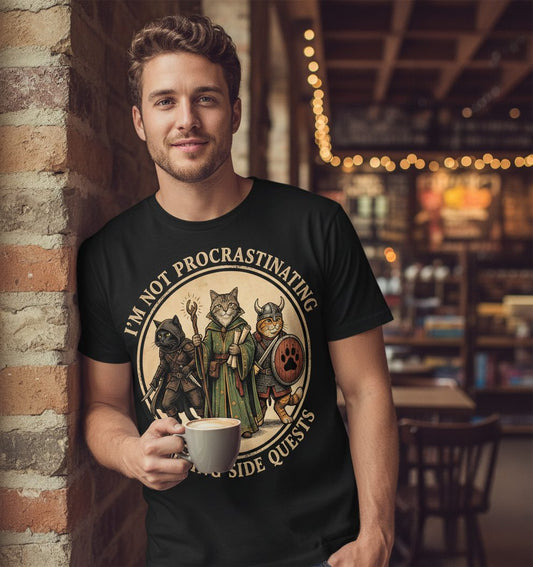 I'm Not Procrastinating I'm Doing Side Quests rpg cats T-Shirt Black lifestyle mockup