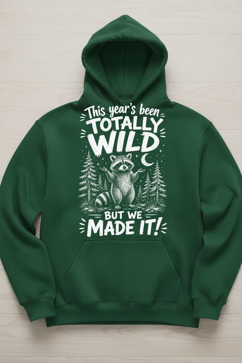 Totally Wild Year Raccoon Funny People a Sense of Humor Hoodie - product mockup - Forest Green