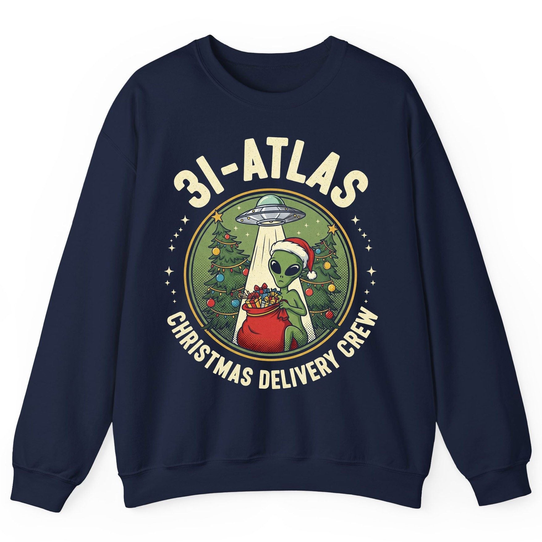 31-Atlas Christmas Delivery Crew alien Christmas Sweatshirt Navy product mockup
