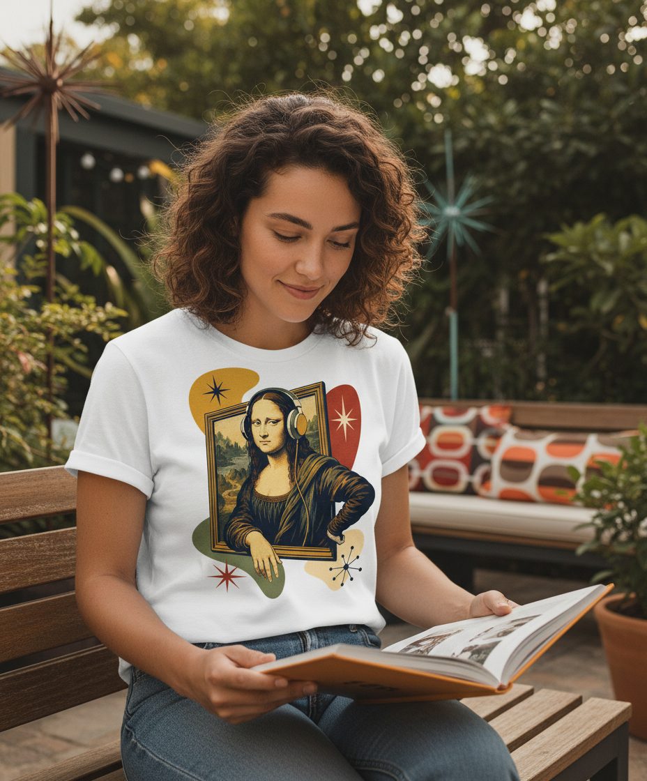 Mona Lisa Listening Retro Art Funny Parody T-Shirt - lifestyle model mockup - White