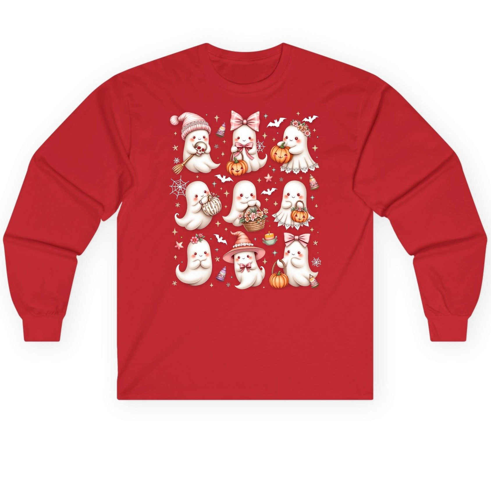Cute Pink Halloween Ghosts cute Halloween ghosts Long Sleeve Tee Red product mockup