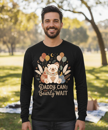 Daddy Can Bearly Wait Baby Shower Long Sleeve Tee - lifestyle model mockup - Black