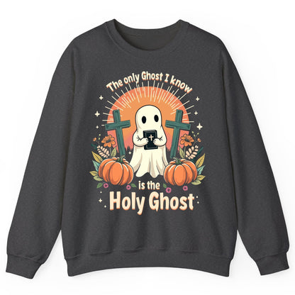 The Only Ghost I Know Is the Holy Ghost christian Halloween Sweatshirt Dark Heather product mockup