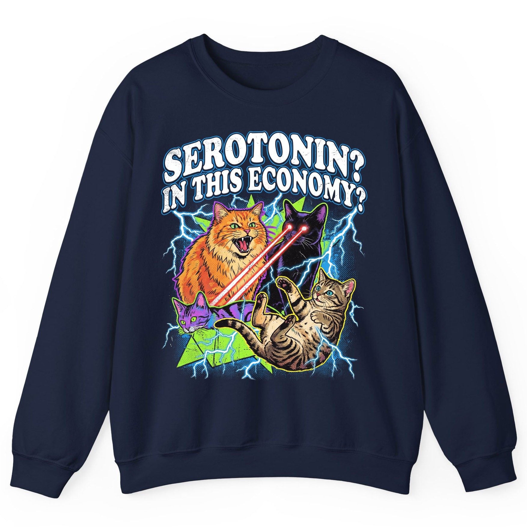 Serotonin in This Economy? cats Sweatshirt Navy product mockup