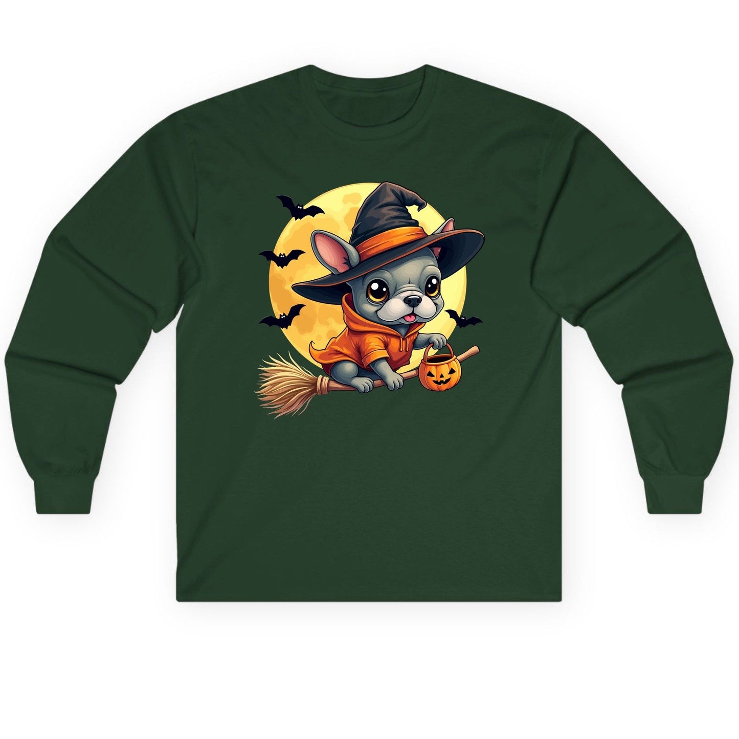 Cute Witch French Bulldog french bulldog Long Sleeve Tee Forest Green product mockup