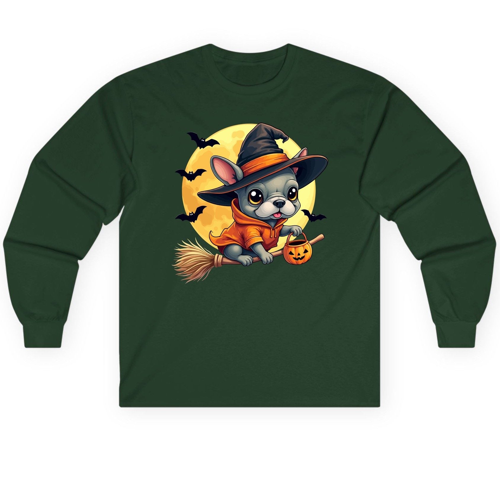 Cute Witch French Bulldog french bulldog Long Sleeve Tee Forest Green product mockup