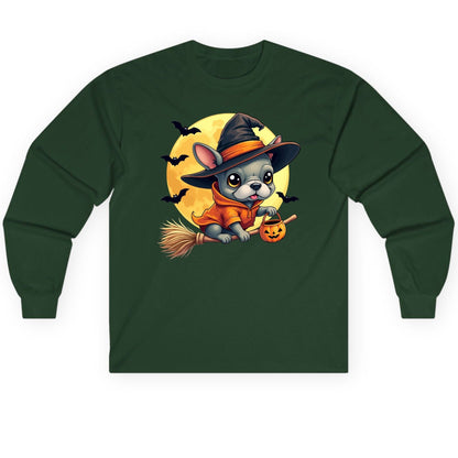 Cute Witch French Bulldog french bulldog Long Sleeve Tee Forest Green product mockup