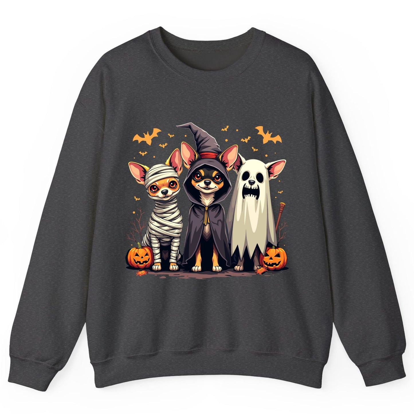 Chihuahua Halloween Costumes chihuahua dogs in Halloween costumes Sweatshirt Dark Heather product mockup