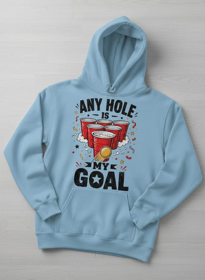 Any Hole Is My Goal Funny Beer Pong Hoodie - product mockup - Light Blue