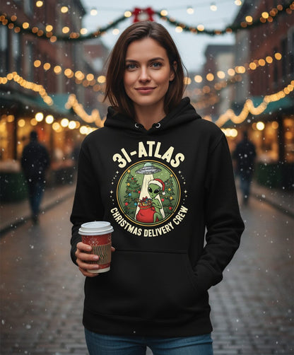 31-Atlas Christmas Delivery Crew alien Christmas Hoodie Black lifestyle mockup