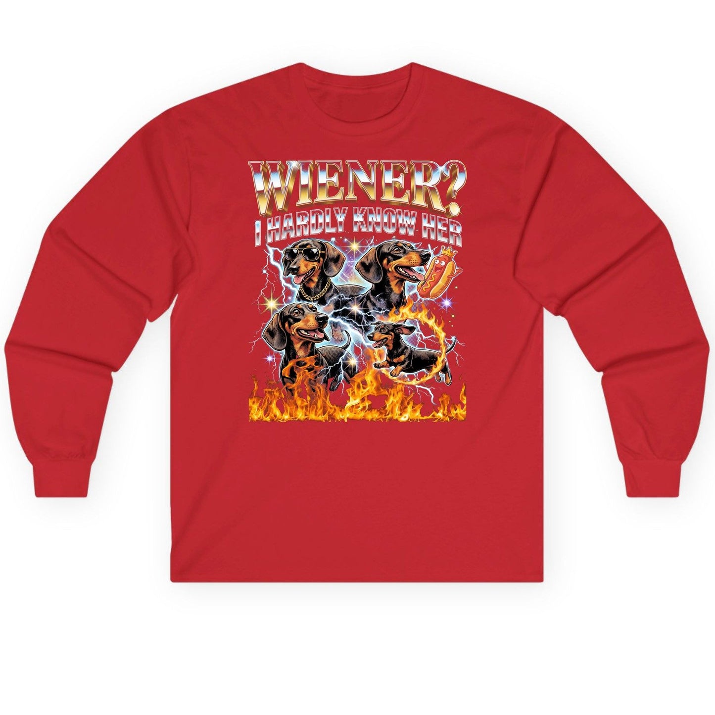 Wiener I Hardly Know Her dachshund Long Sleeve Tee Red product mockup