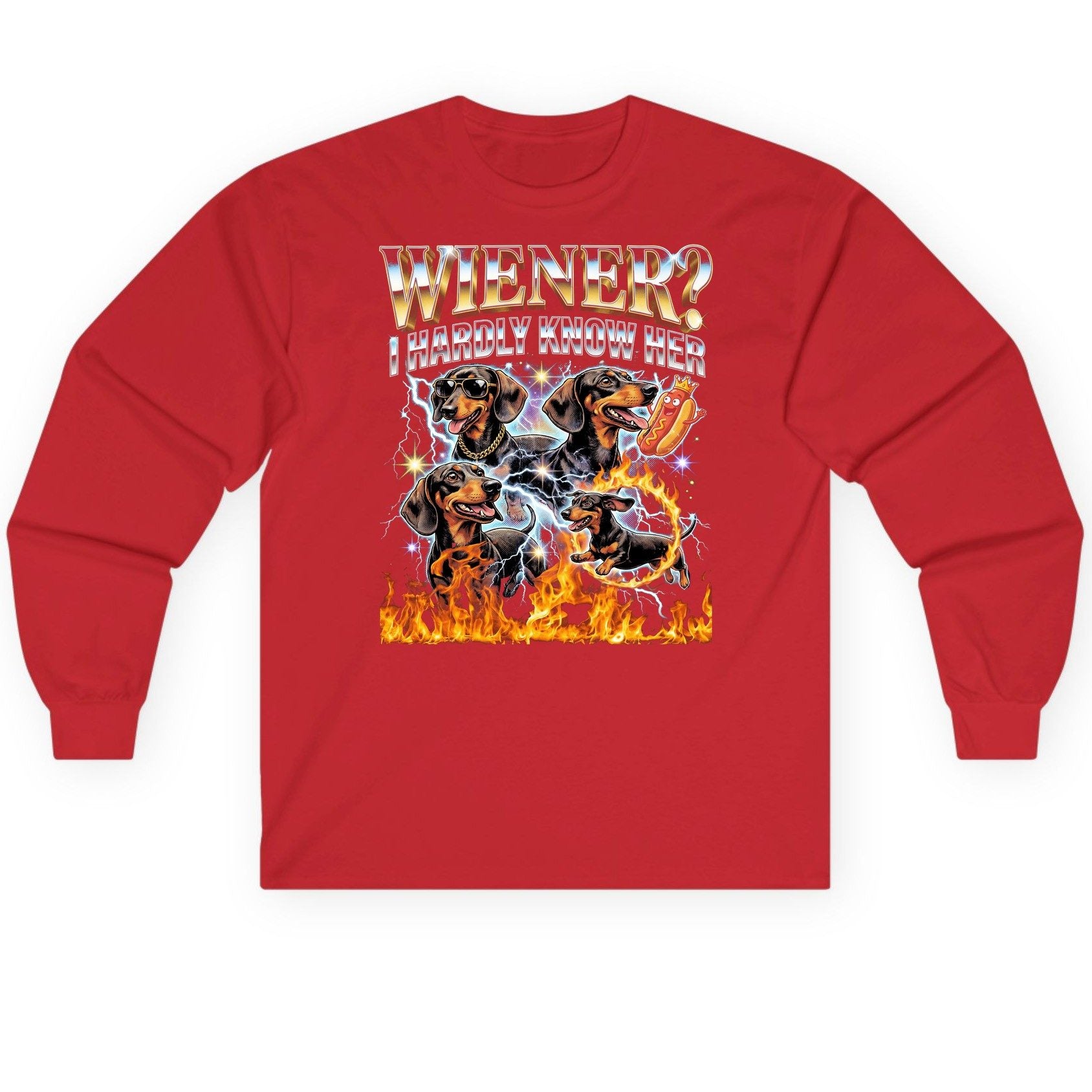 Wiener I Hardly Know Her dachshund Long Sleeve Tee Red product mockup