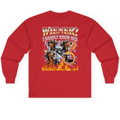 Wiener I Hardly Know Her dachshund Long Sleeve Tee Red product mockup