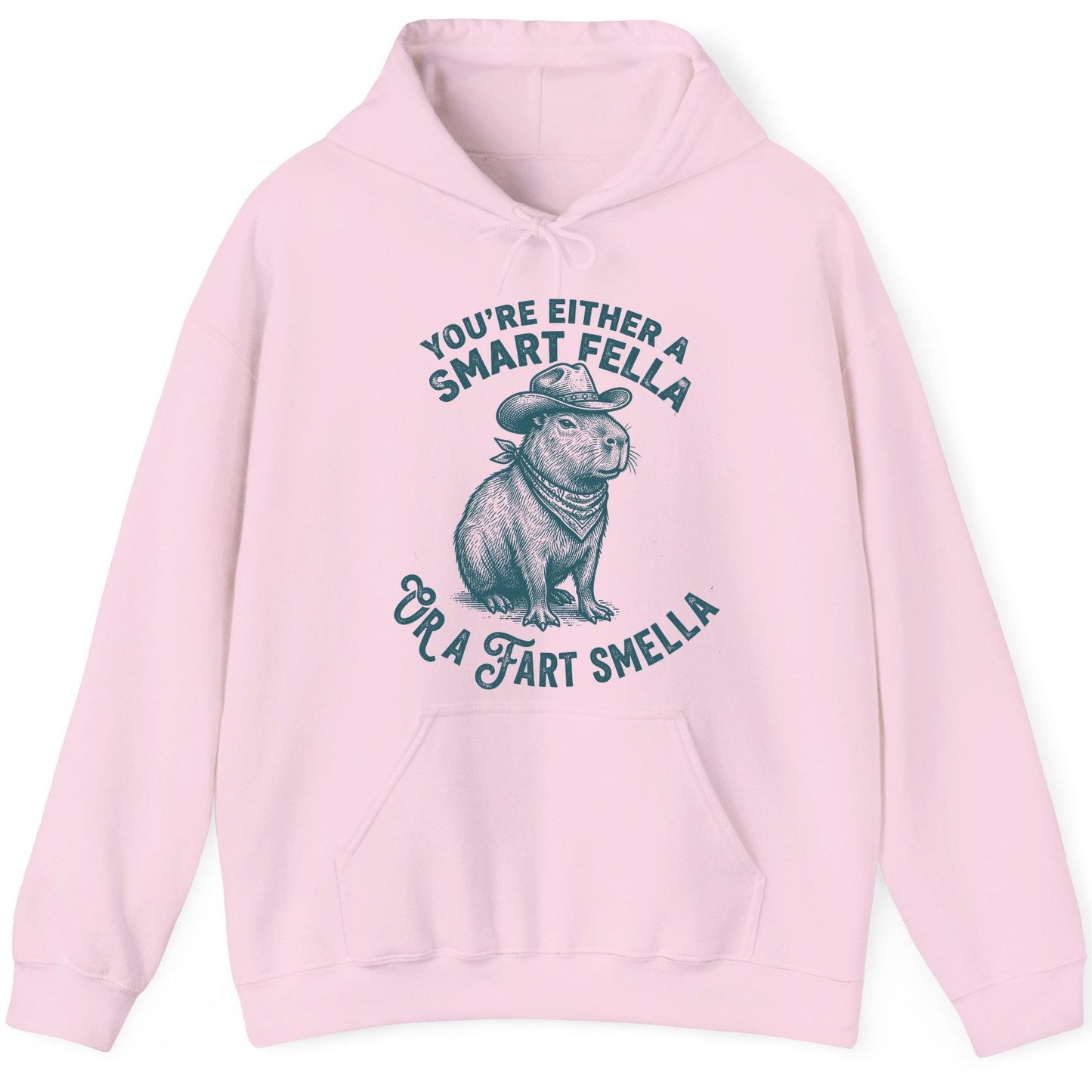 You're Either a Smart Fella or a Fart Smella capybara Hoodie Light Pink product mockup