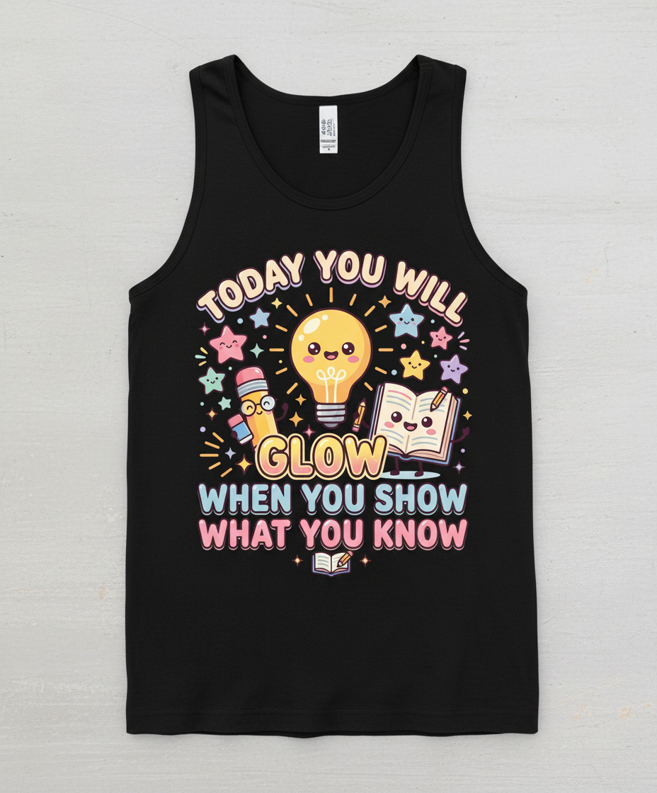 Kawaii School Characters 'Today You Will Glow' Motivational Design Tank Top - Black