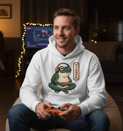 ゲームカエル gamer frog Hoodie White lifestyle mockup