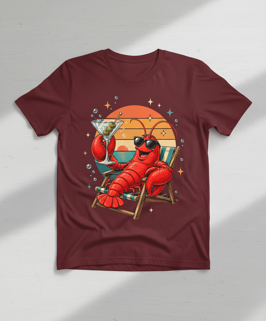 Cool Lobster Martini Beach Sunset T-Shirt - Maroon