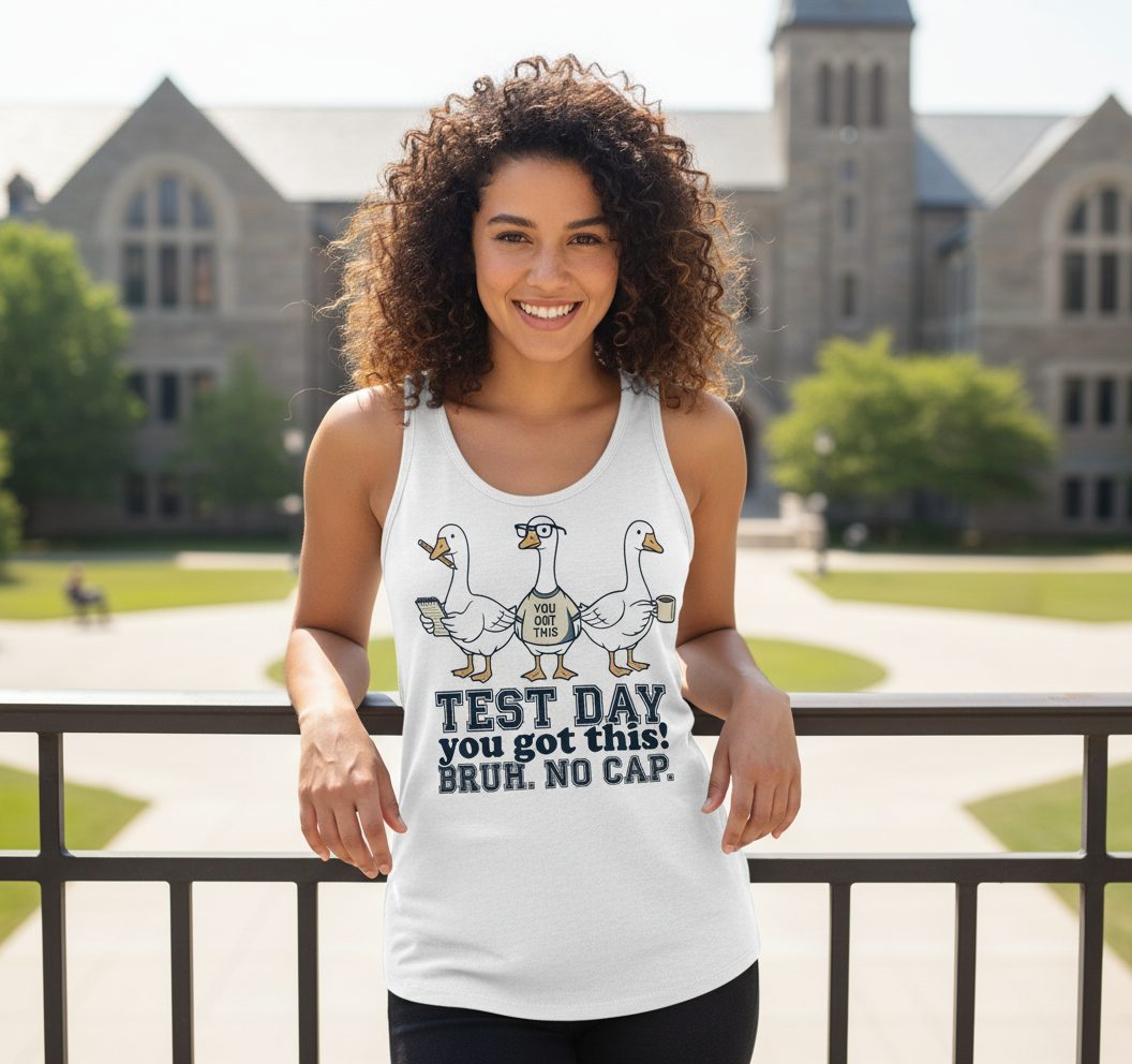TEST DAY You Got This BRUH NO CAP Funny Students Tank Top - lifestyle model mockup - White