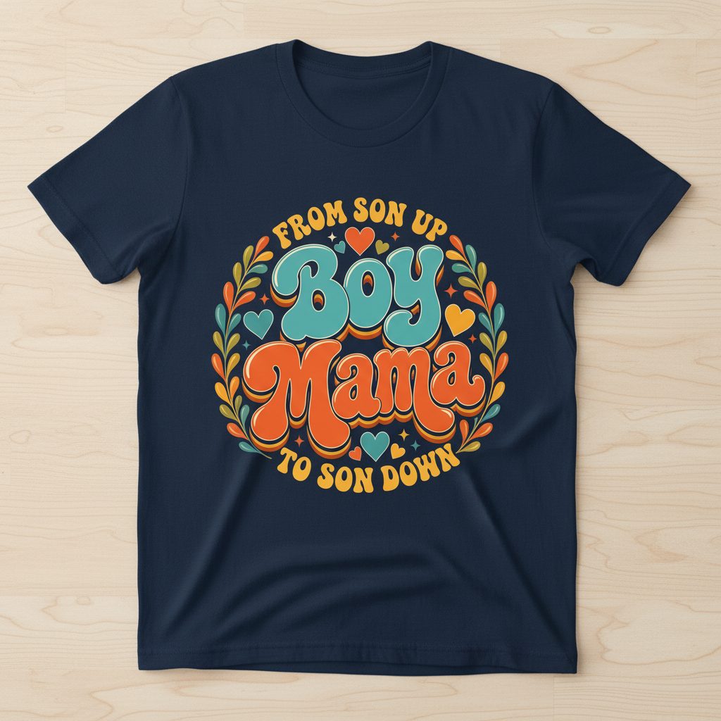 From Son Up to Son Down Boy Mama Retro Mothers of Sons T-Shirt - product mockup - Navy