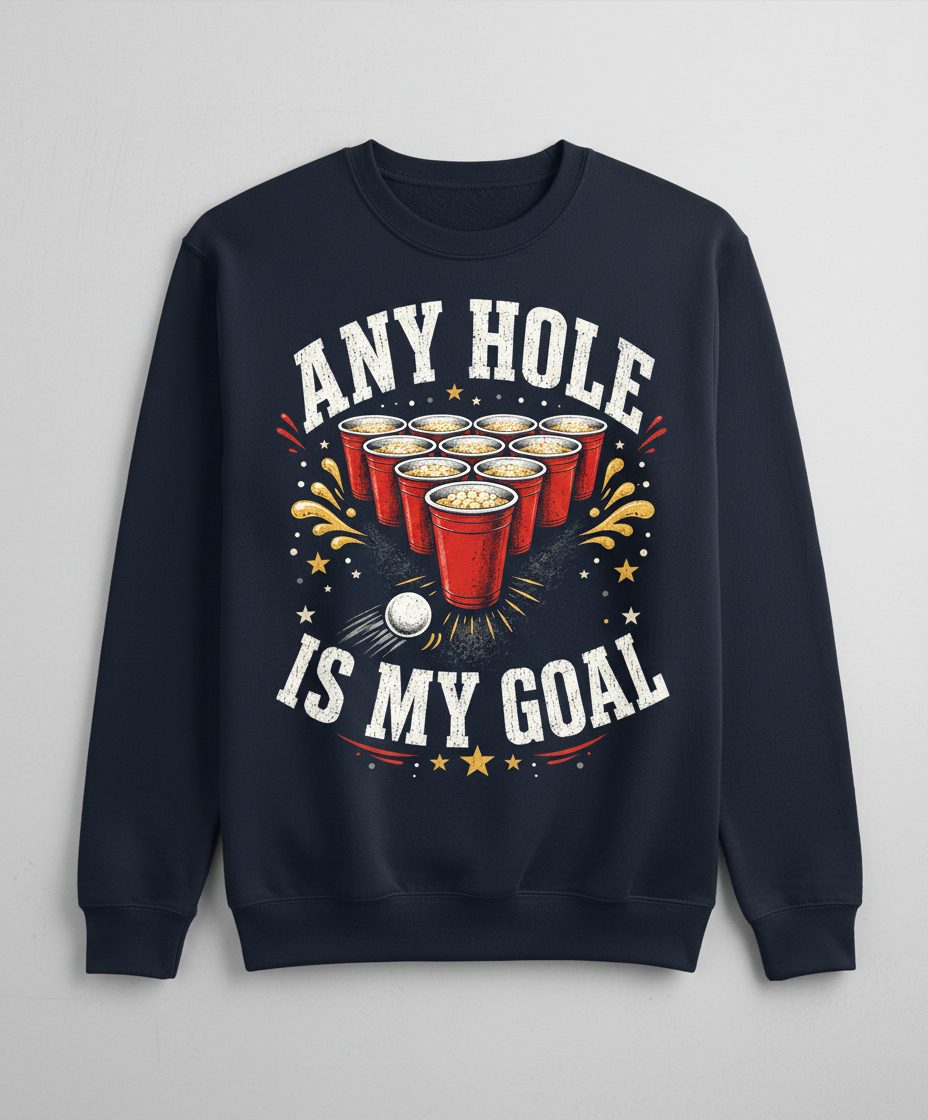 Any Hole Is My Goal Funny Beer Pong Sweatshirt - product mockup - Navy