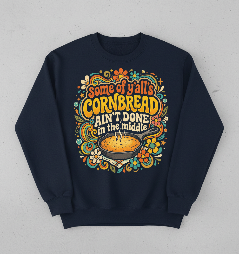 Funny Southern Saying 'Cornbread Ain't Done' Retro 70s Design Sweatshirt - Navy