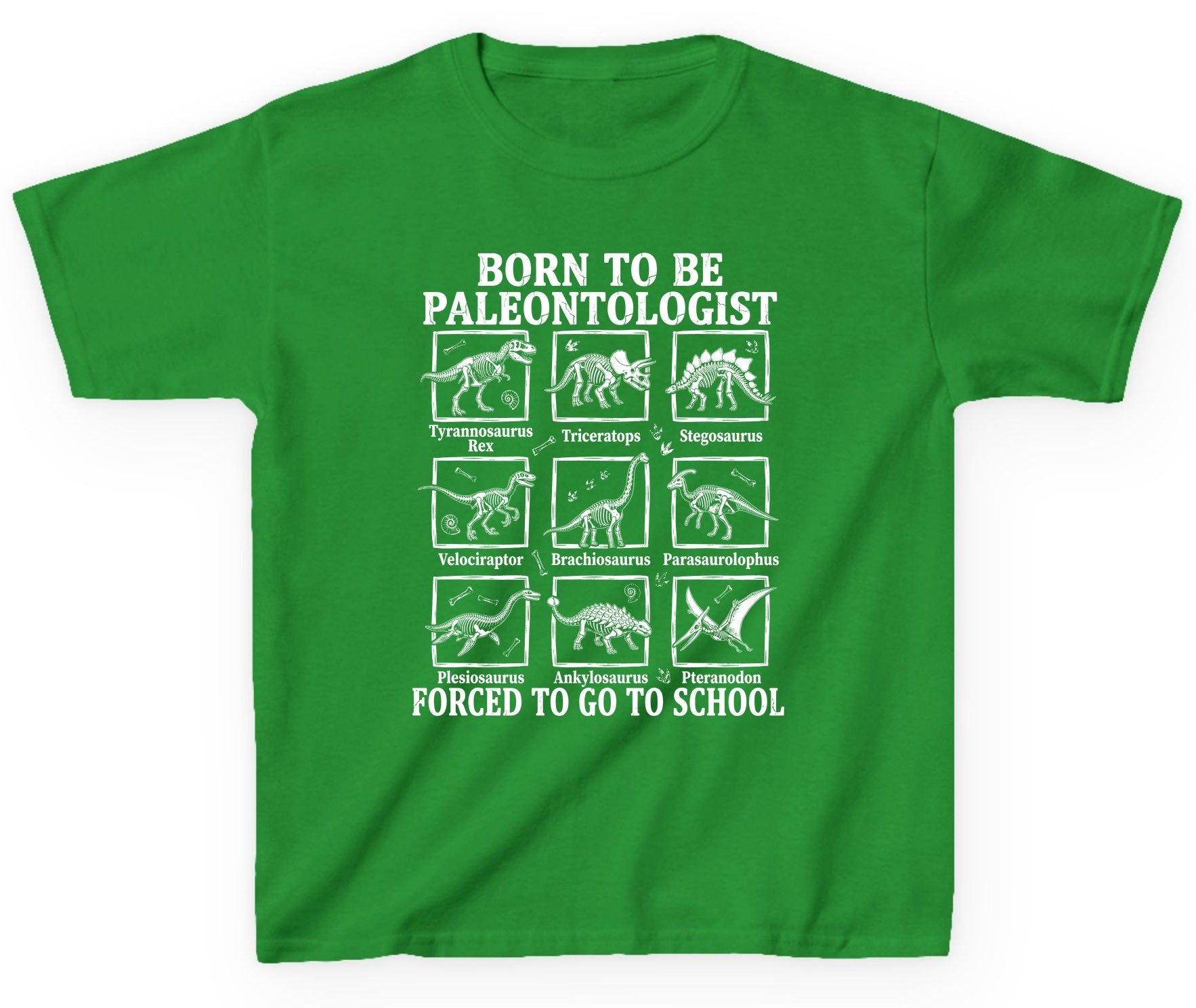 Born to Be Paleontologist Forced to Go to School dinosaurs Youth T-Shirt Irish Green product mockup