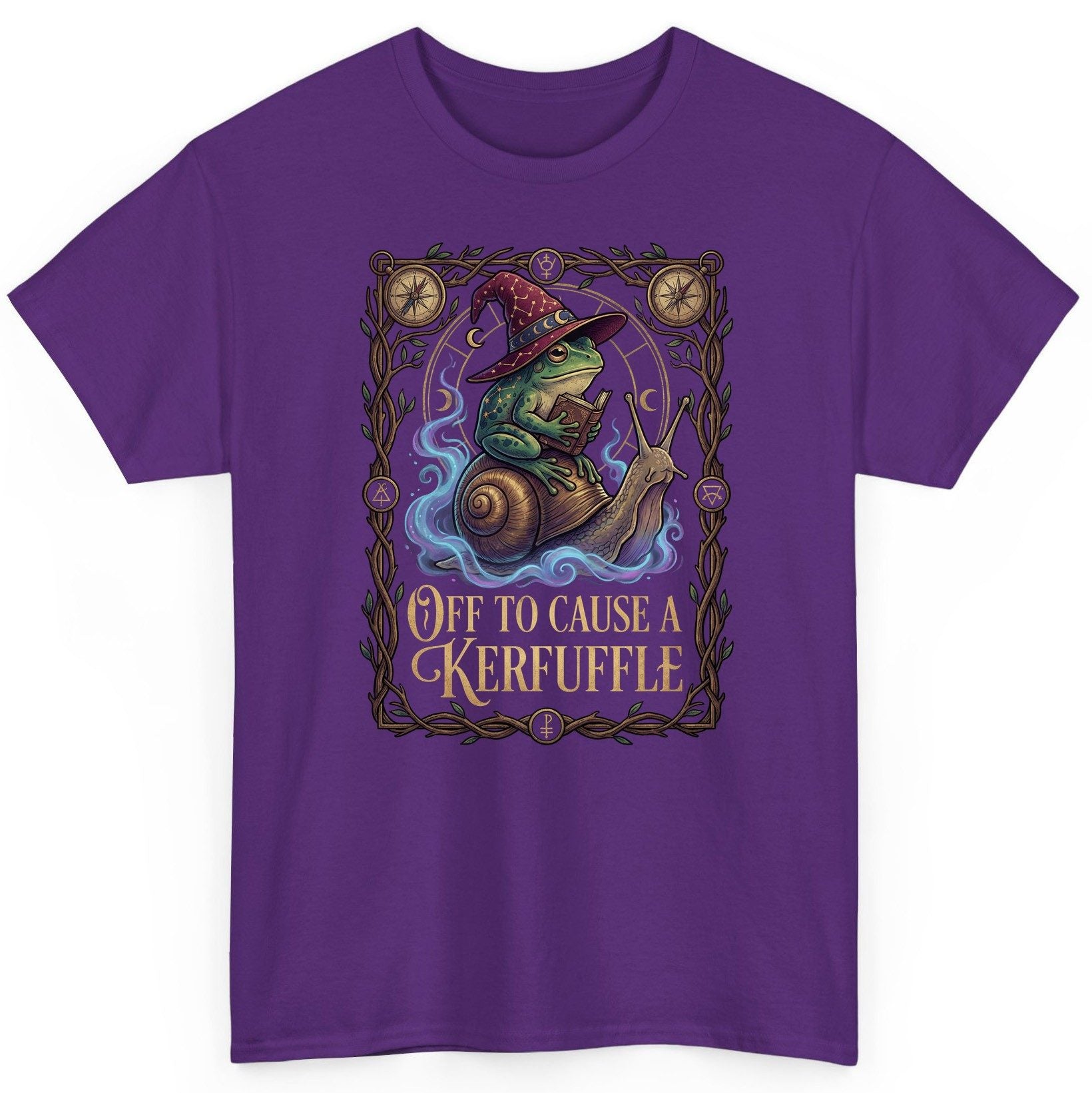 Off to Cause a Kerfuffle frog wizard T-Shirt Purple product mockup
