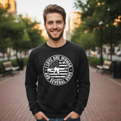 I LOVE ONE WOMAN AND Several GUNS Funny Gun Owners Sweatshirt - lifestyle model mockup - Black