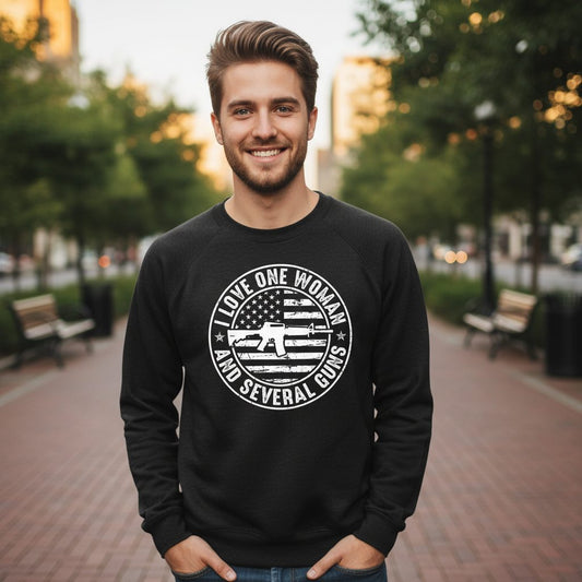 I LOVE ONE WOMAN AND Several GUNS Funny Gun Owners Sweatshirt - lifestyle model mockup - Black