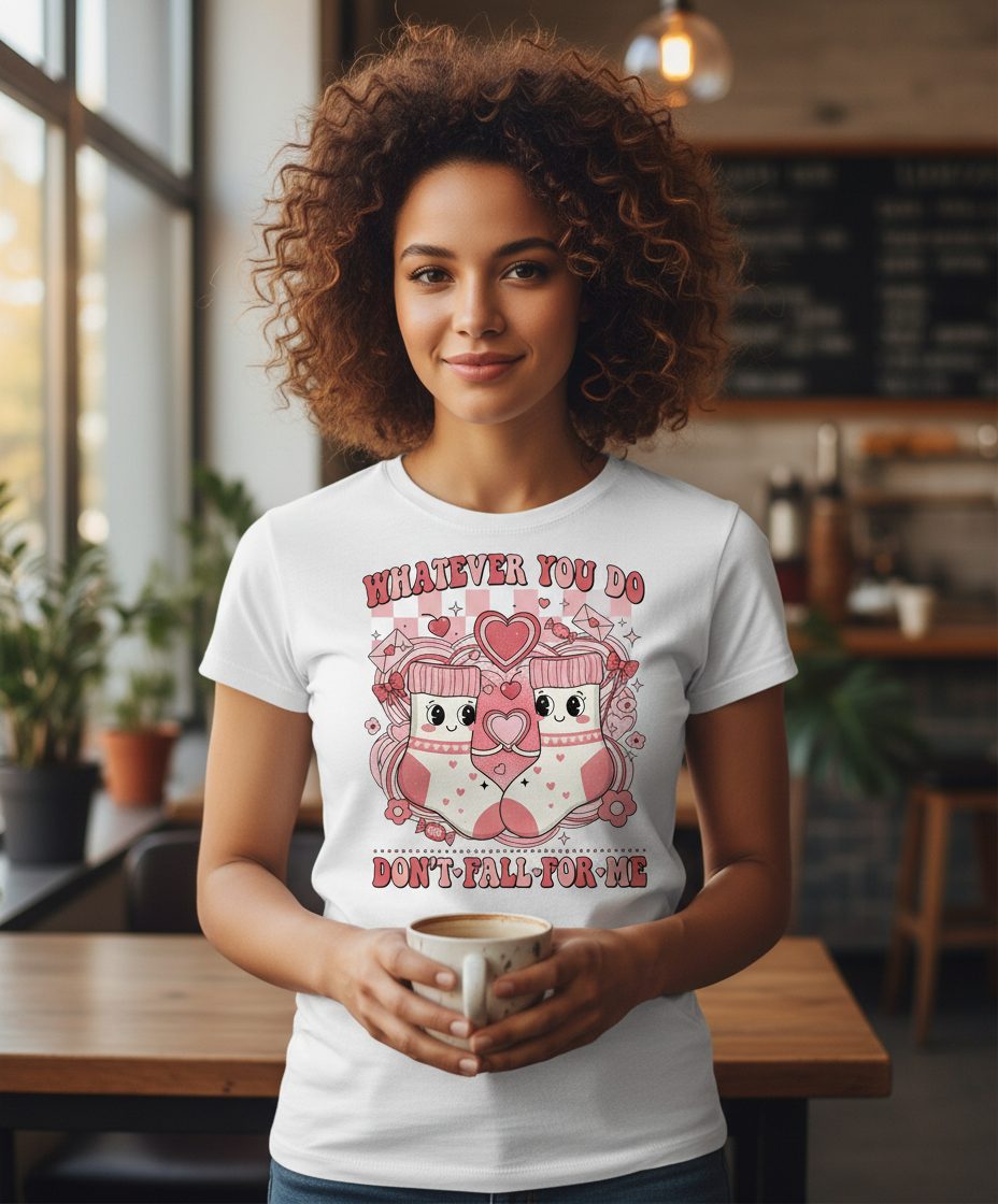 Whatever You Do Don't Fall for Me anti-Valentine's Day T-Shirt White lifestyle mockup