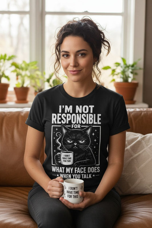 I'm Not Responsible for What My Face Does When You Talk Funny Sarcastic Cat T-Shirt - lifestyle model mockup - Black