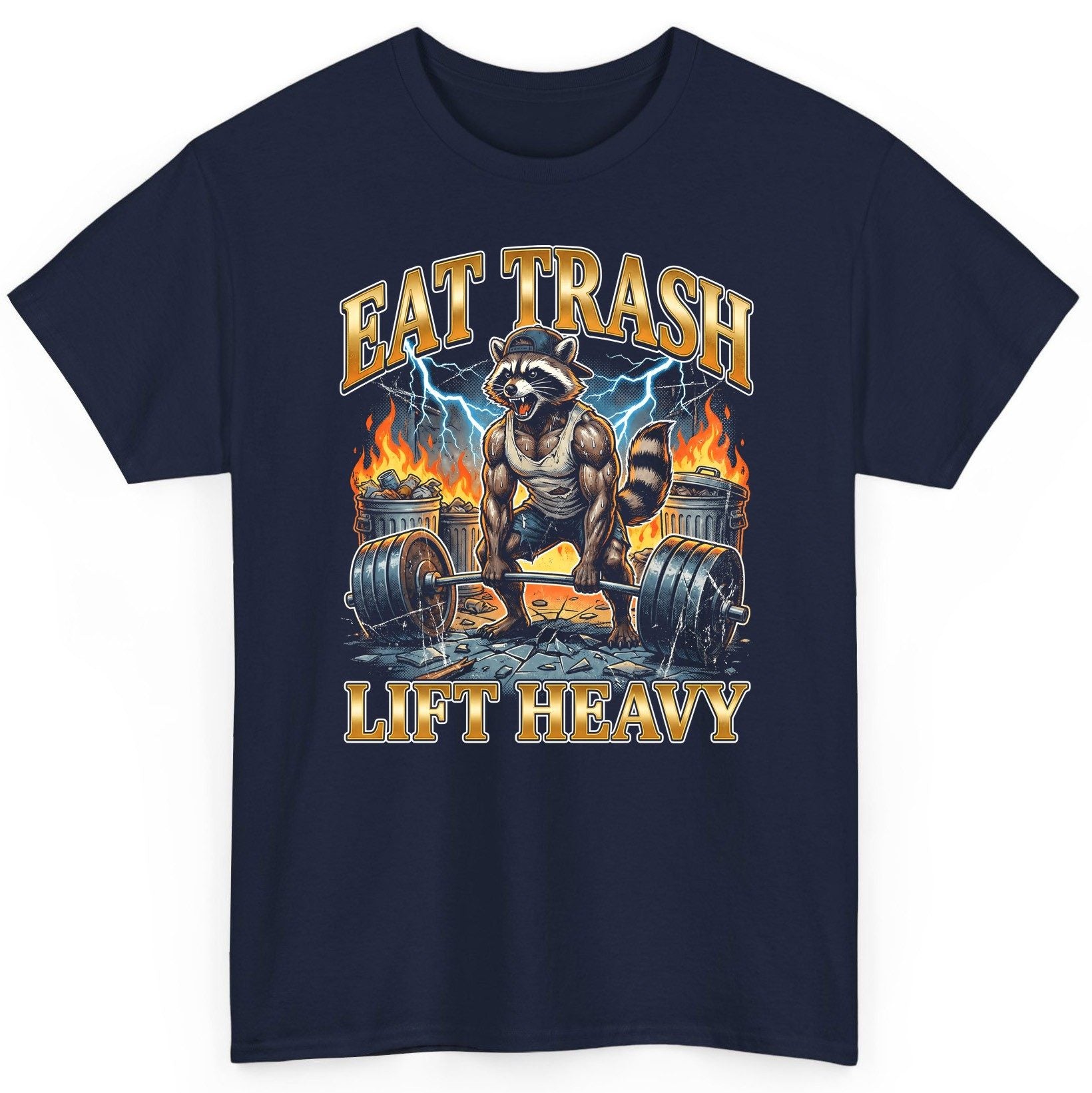 Eat Trash Lift Heavy raccoon T-Shirt Navy product mockup