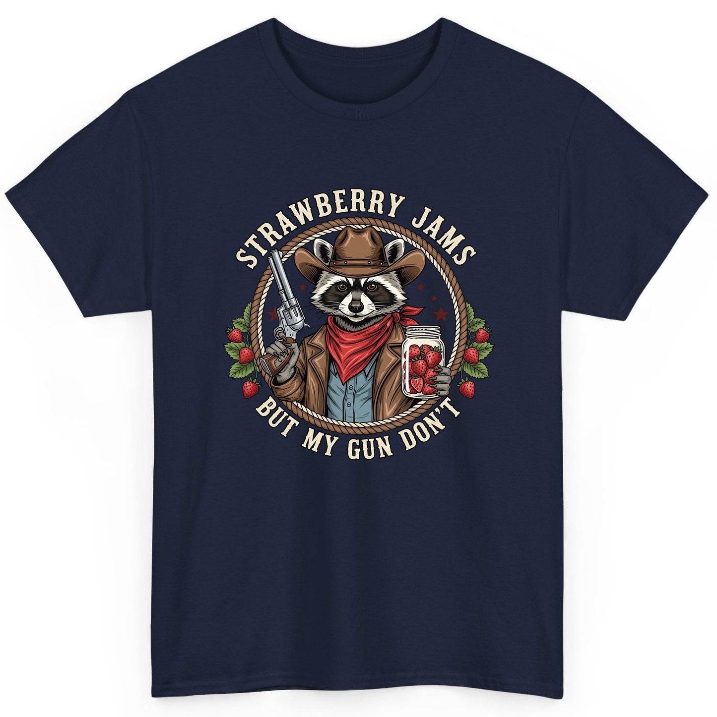 Strawberry Jams but My Gun Don't cowboy raccoon T-Shirt Navy product mockup