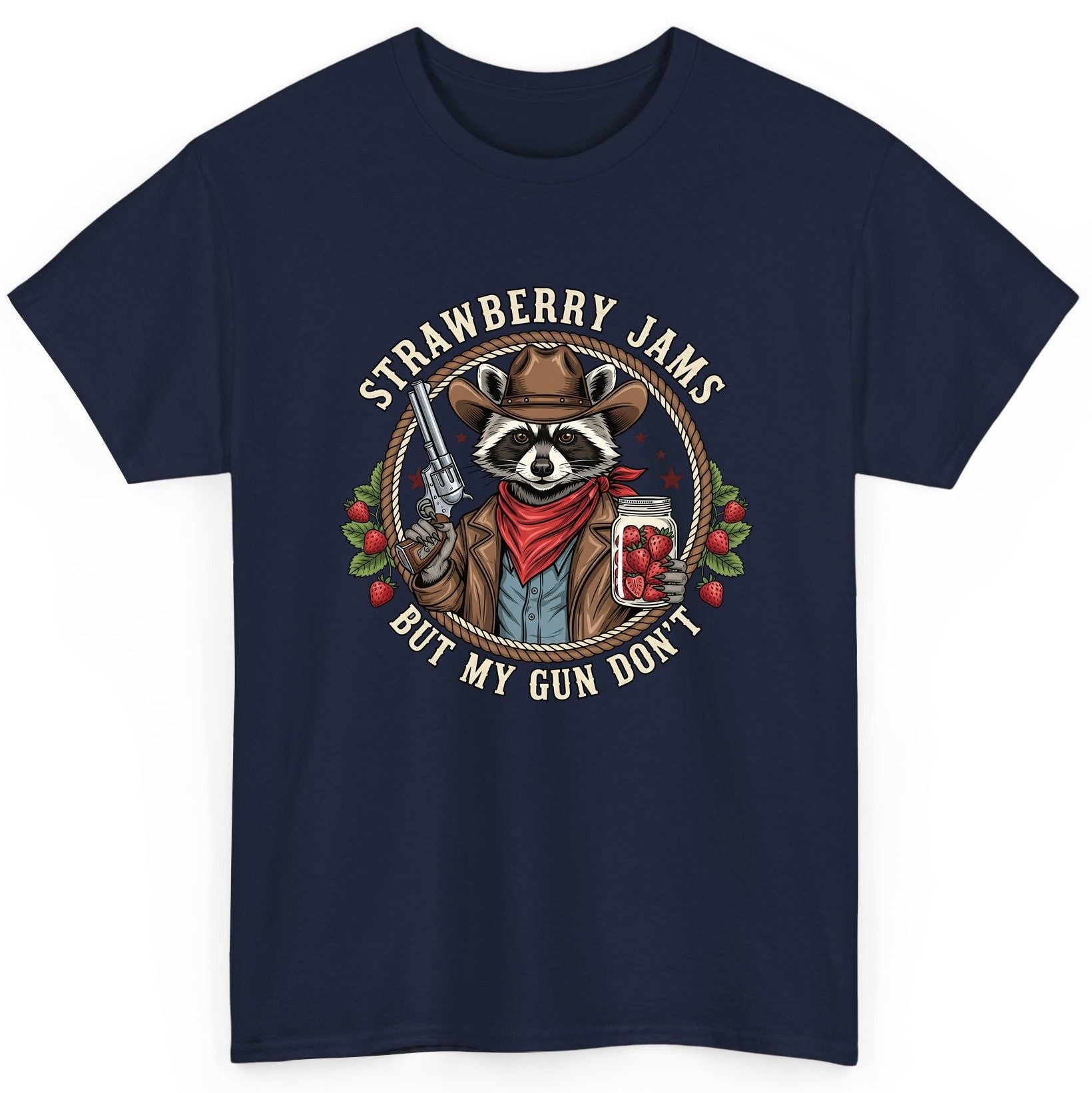 Strawberry Jams but My Gun Don't cowboy raccoon T-Shirt Navy product mockup