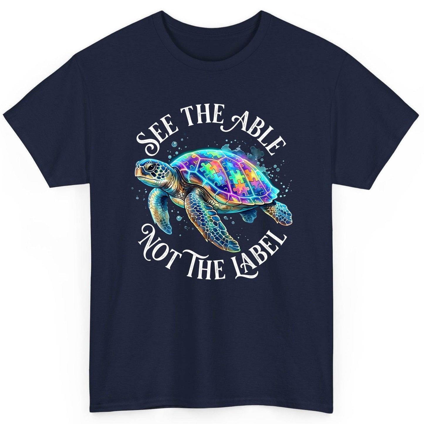See the Able Not the Label Autism Awareness T-Shirt - product mockup - Navy