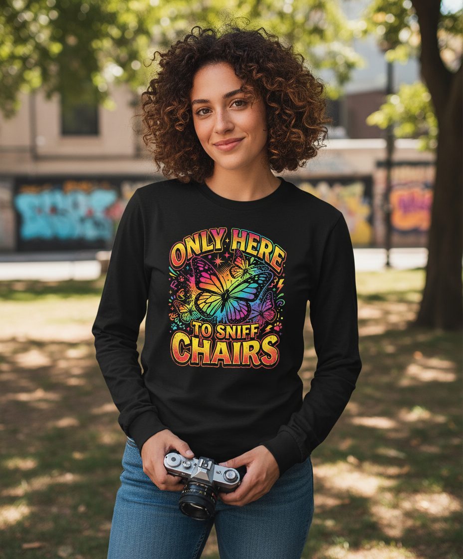 ONLY HERE TO SNIFF CHAIRS Funny Meme Long Sleeve Tee - lifestyle model mockup - Black