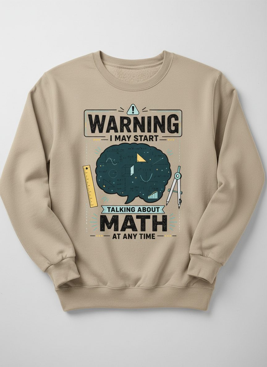 Warning I May Start Talking About Math at Any Time Funny Teachers Sweatshirt - product mockup - Sand