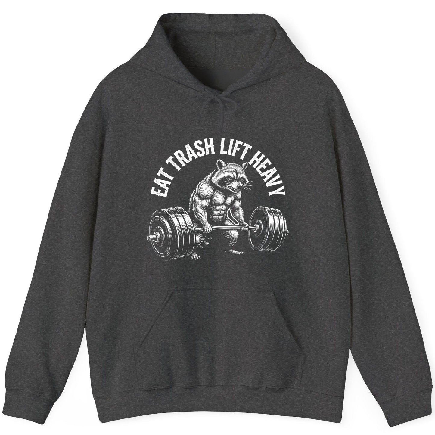 Eat Trash Lift Heavy raccoon Hoodie Dark Heather product mockup