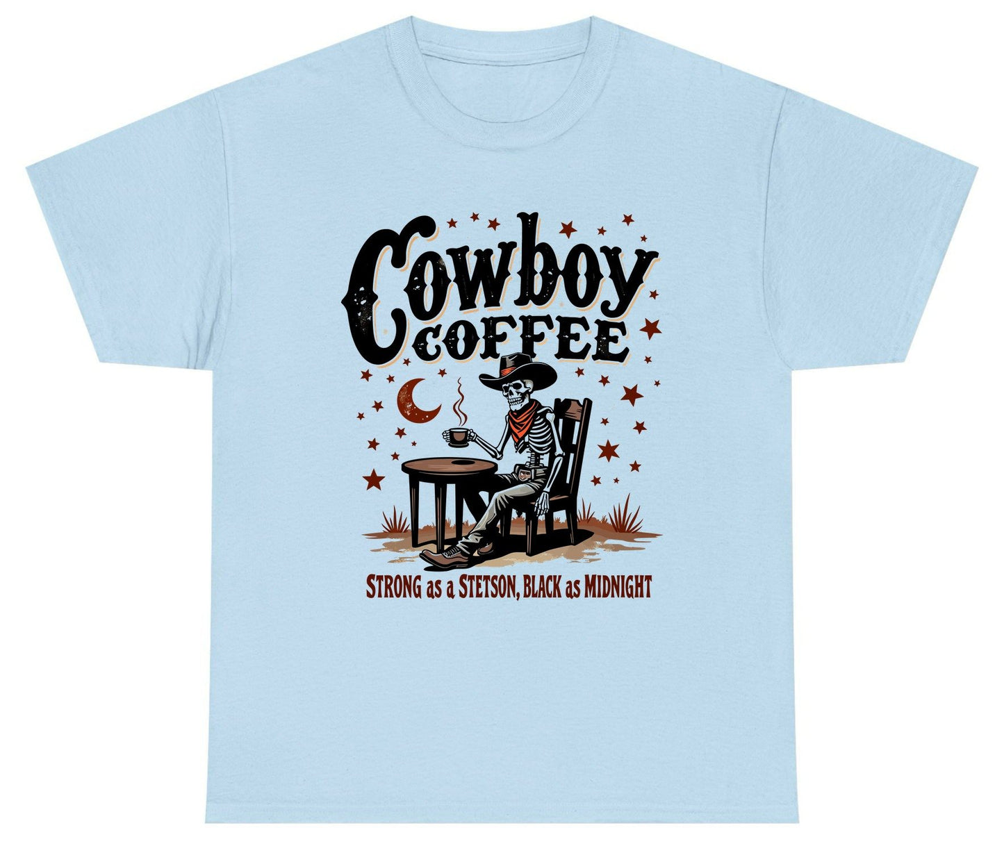 Cowboy Coffee Strong as a Stetson, Black as Midnight cowboy skeleton Youth T-Shirt Light Blue product mockup