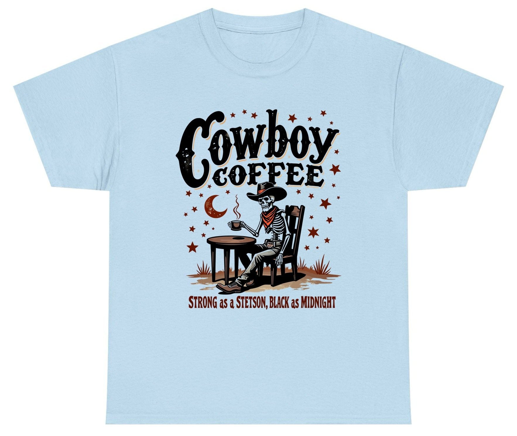 Cowboy Coffee Strong as a Stetson, Black as Midnight cowboy skeleton Youth T-Shirt Light Blue product mockup