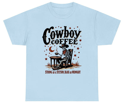 Cowboy Coffee Strong as a Stetson, Black as Midnight cowboy skeleton Youth T-Shirt Light Blue product mockup