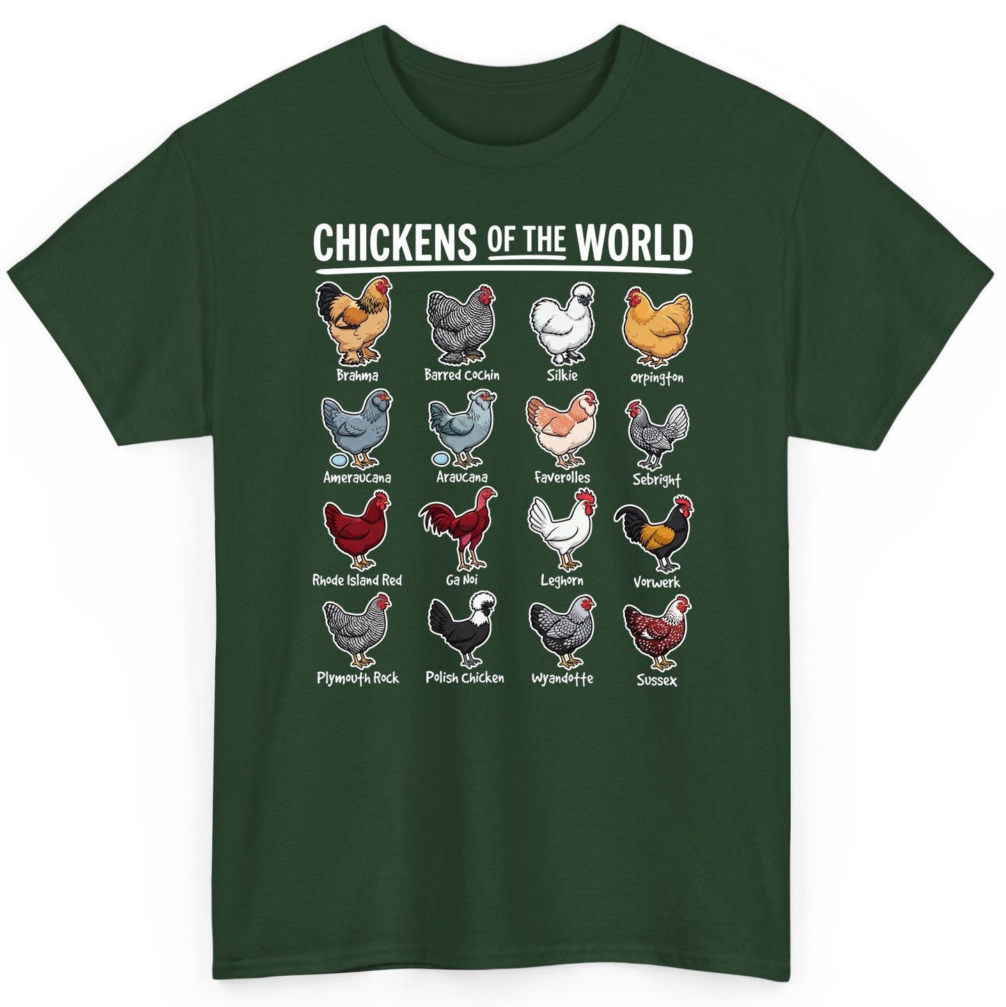 Chickens of the World chicken breeds T-Shirt Forest Green product mockup