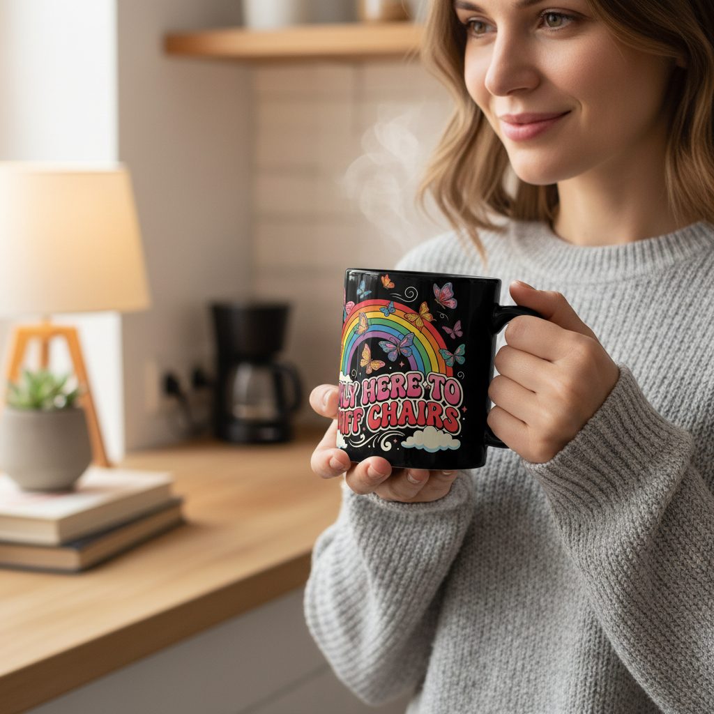 ONLY HERE TO SNIFF CHAIRS Funny Sarcastic Humor Black Mug - lifestyle model mockup - Black
