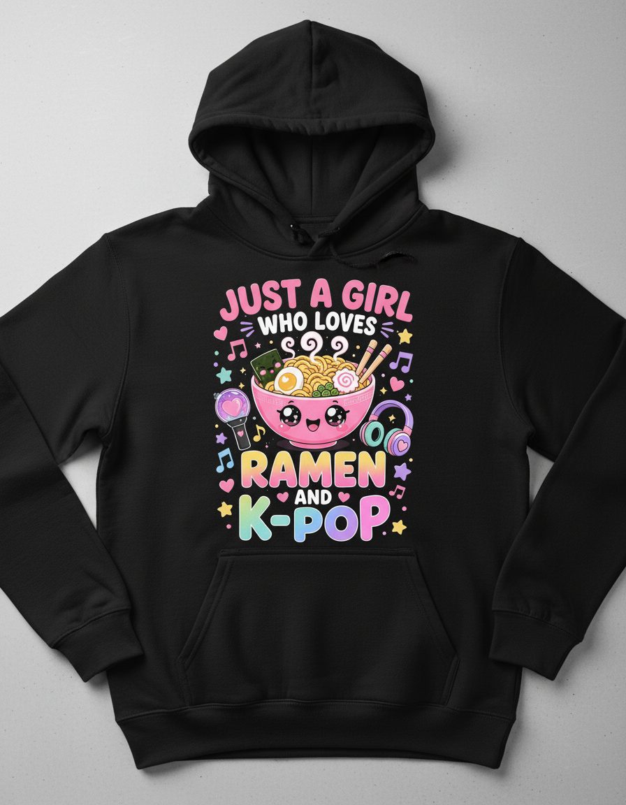 Just a Girl Who Loves Ramen and K-Pop K-Pop Fans Hoodie - product mockup - Black