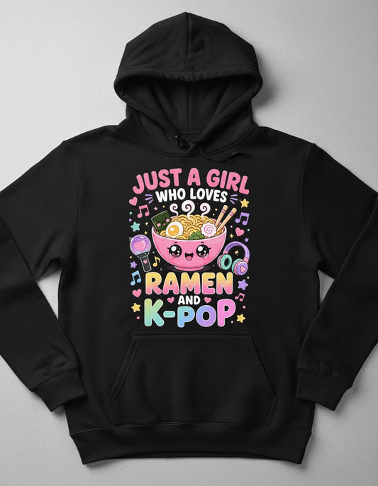 Just a Girl Who Loves Ramen and K-Pop K-Pop Fans Hoodie - product mockup - Black