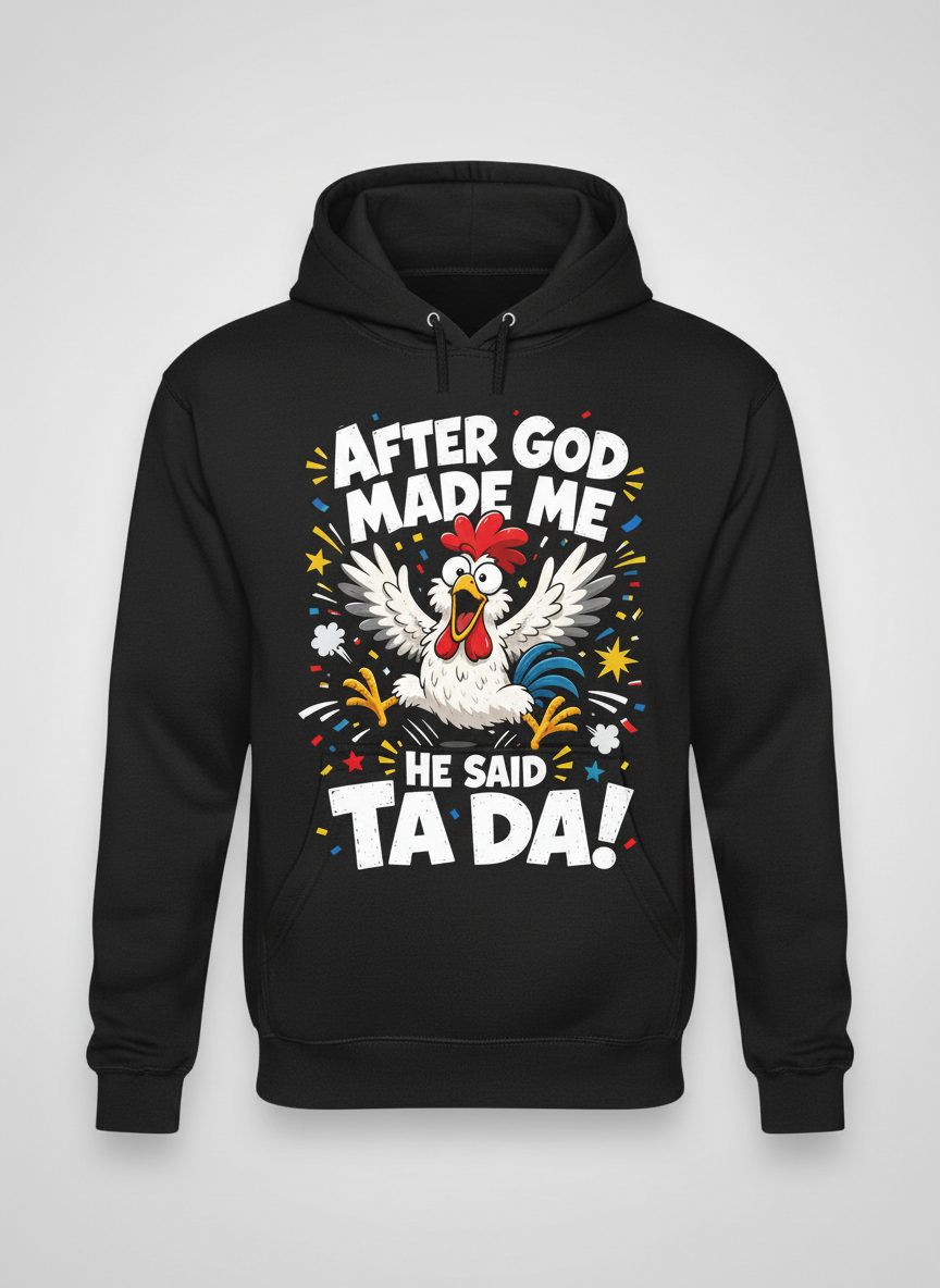 After God Made Me He Said Ta Da Funny Rooster Hoodie - product mockup - Black